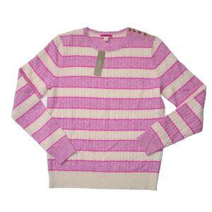 NWT J.Crew Cable-knit Cashmere Crewneck Sweater Pink Stripe Shoulder Buttons S